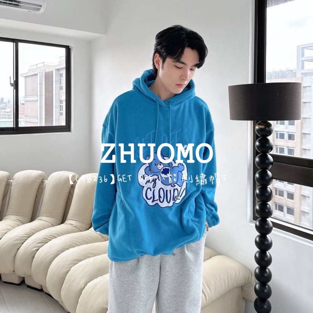 【限時特賣】正韓 韓系 GET OFF小熊刺繡帽T 大學t 厚磅 長袖 印花 衣服 大尺碼 上衣 男裝 衛衣 情侶衣-細節圖3