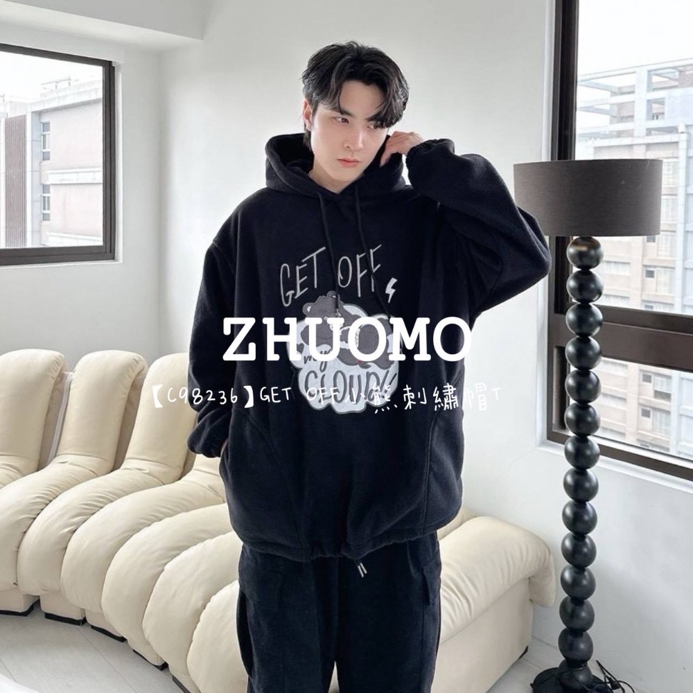 【限時特賣】正韓 韓系 GET OFF小熊刺繡帽T 大學t 厚磅 長袖 印花 衣服 大尺碼 上衣 男裝 衛衣 情侶衣-細節圖5