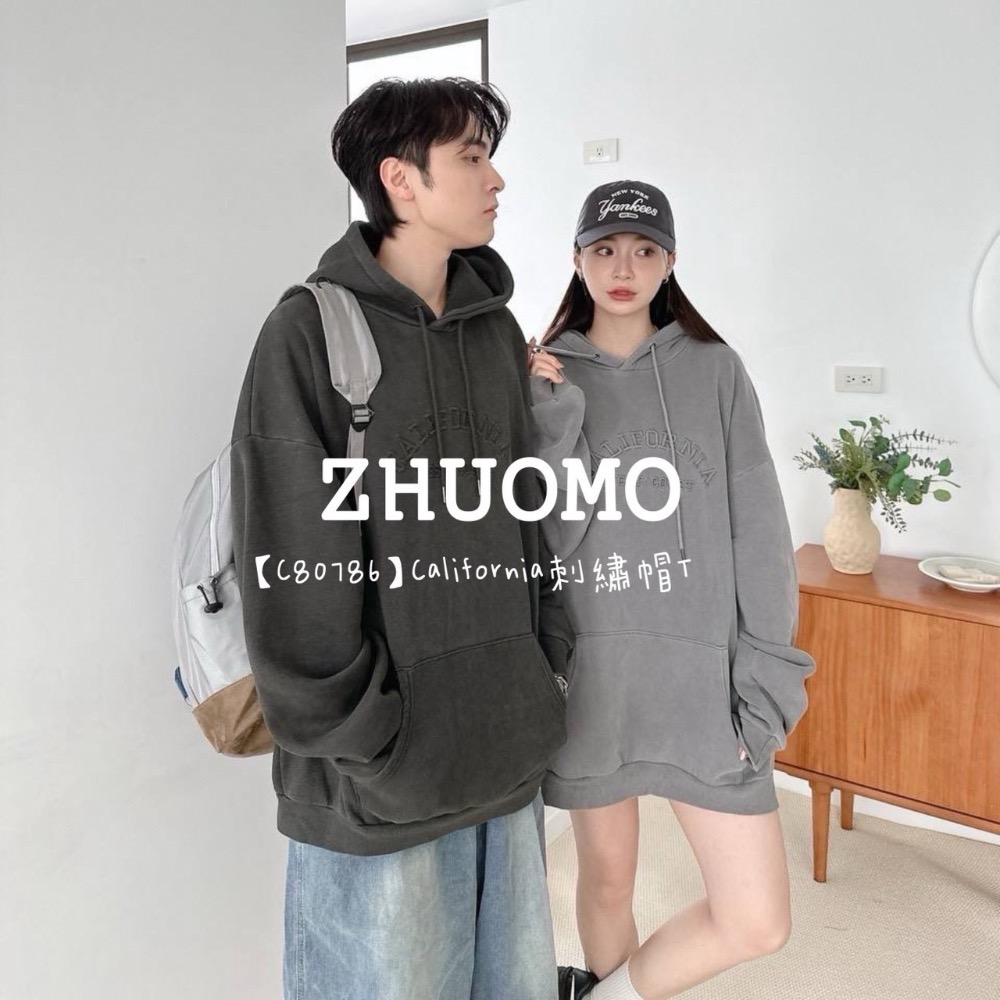 【限時特賣】正韓 韓系 California刺繡帽T 大學t 厚磅 長袖 印花 衣服 大尺碼 上衣 男裝 衛衣 情侶衣-細節圖2