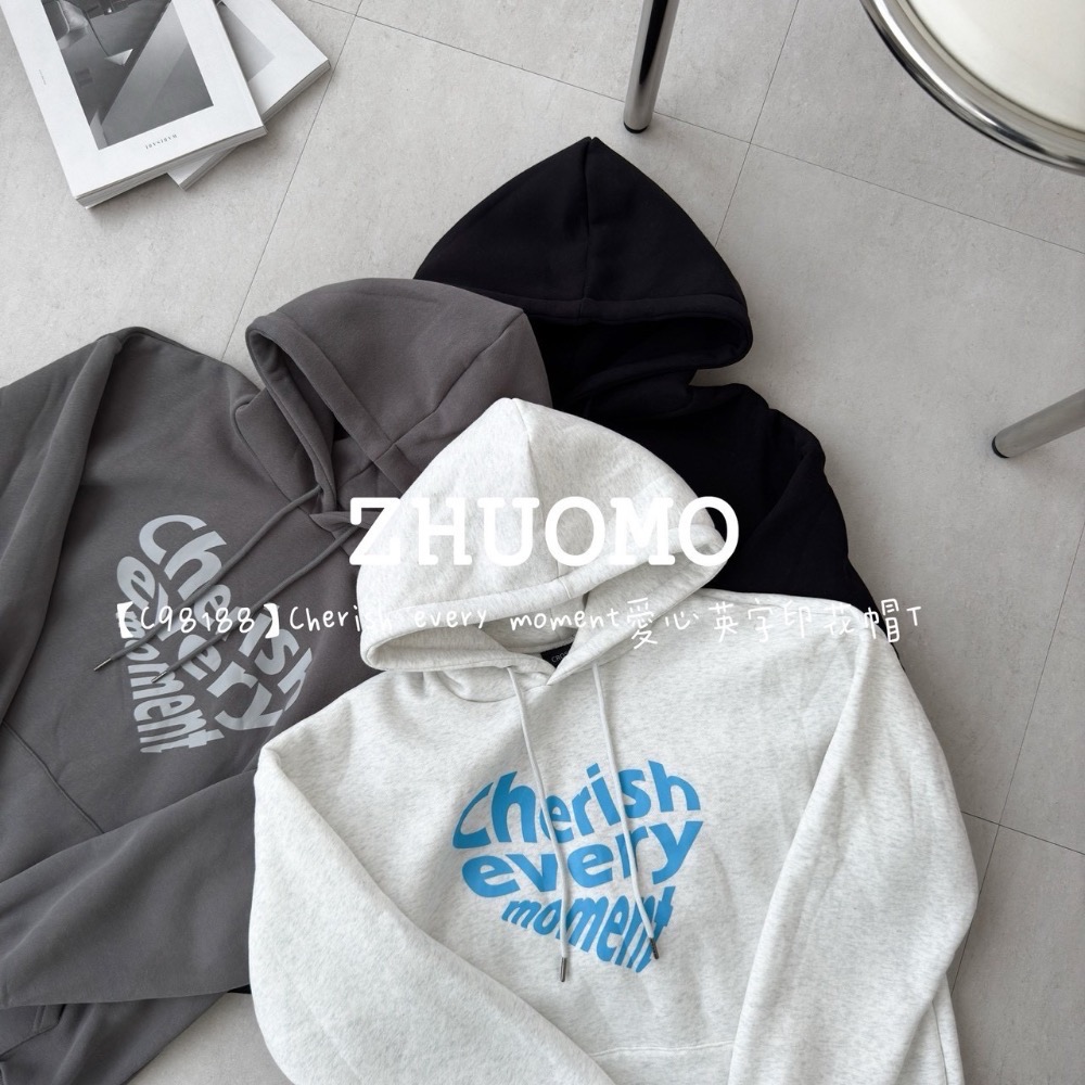 【限時特賣】正韓 韓系 Cherish every moment愛心英字印花帽T 大學t 厚磅 長袖 印花-細節圖5