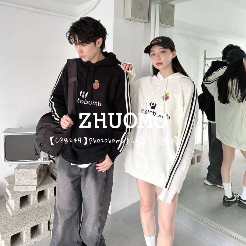【限時特賣】正韓 韓系 Photobomb刺繡針織帽T 大學t 厚磅 長袖 印花 衣服 大尺碼 上衣 男裝 衛衣 情侶衣-細節圖2