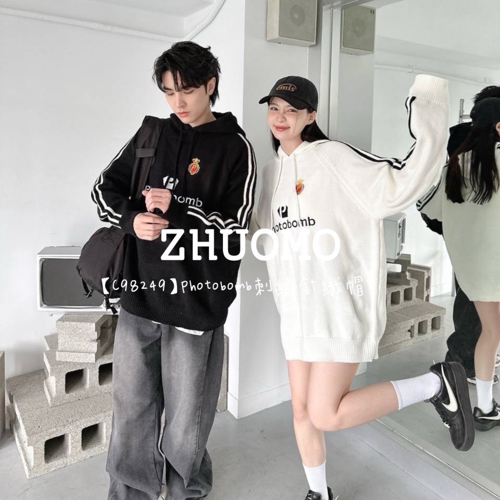 【限時特賣】正韓 韓系 Photobomb刺繡針織帽T 大學t 厚磅 長袖 印花 衣服 大尺碼 上衣 男裝 衛衣 情侶衣-細節圖3