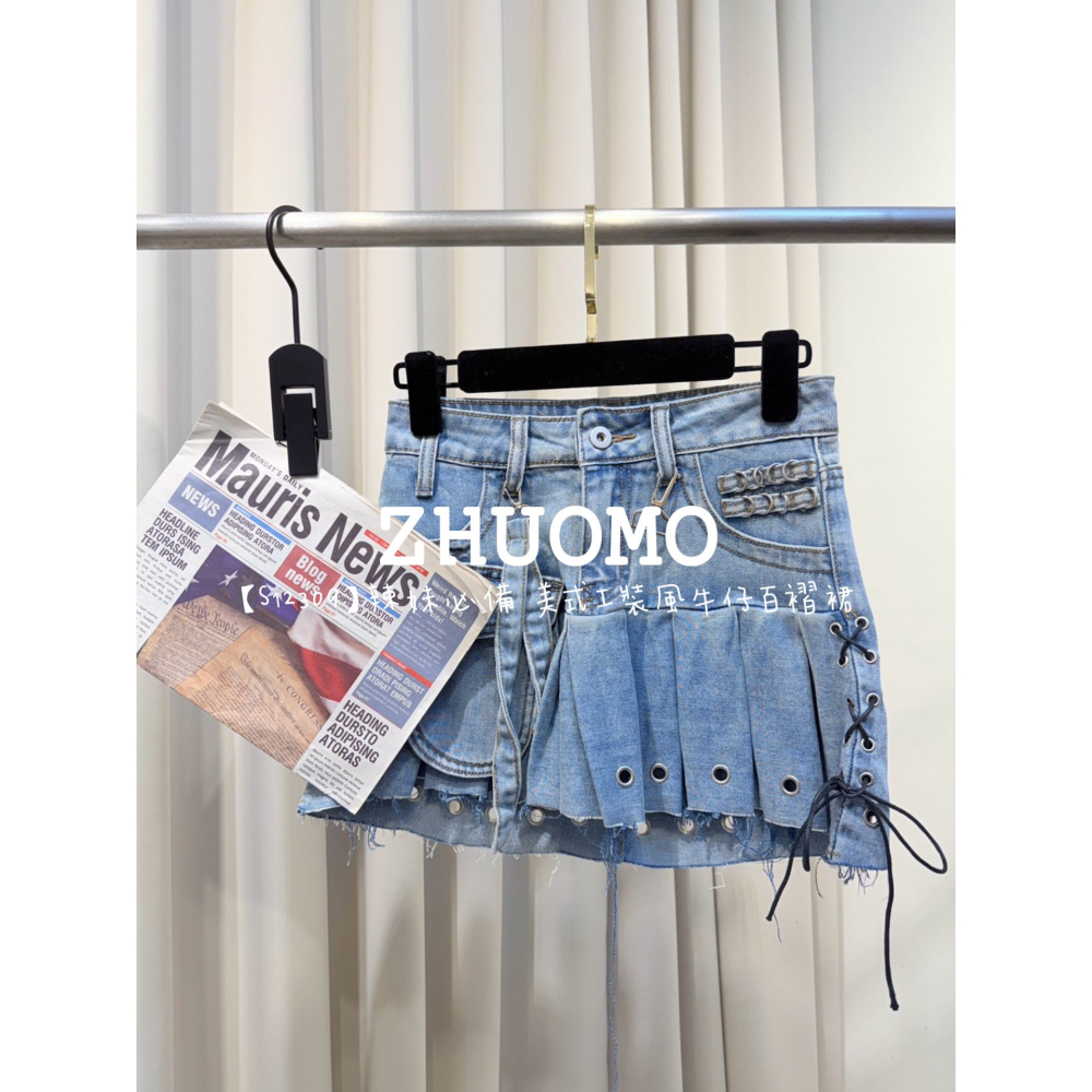 【5月份新款】辣妹必備 美式工裝風牛仔百褶裙(版正常.無彈.有安全褲)-細節圖4