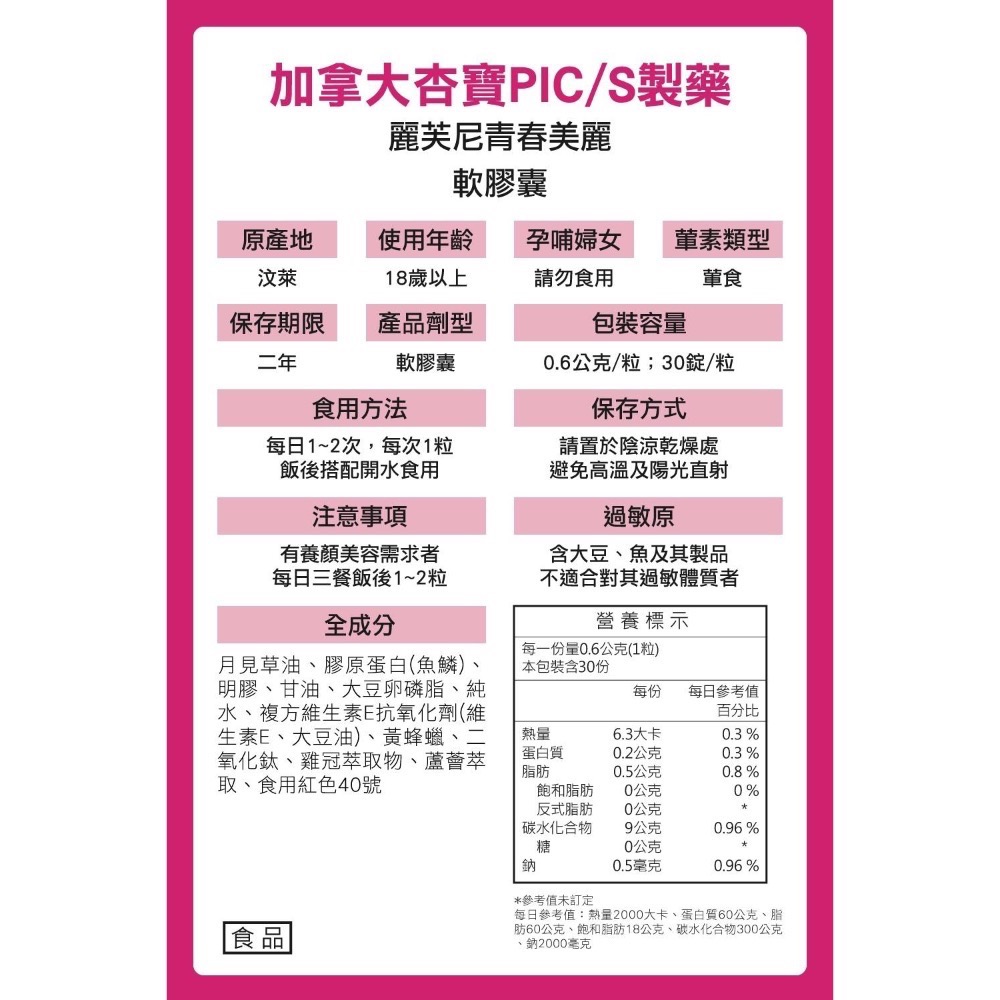 台南/現貨/原裝進口．加拿大杏寶PIC/S製藥 - 麗芙尼膠原蛋白軟膠囊-細節圖3