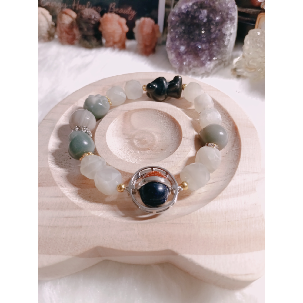 銀曜水晶小熊 × 綠月光鑽切 × 藍砂石・金砂石轉轉 × 菩提手掌-細節圖2