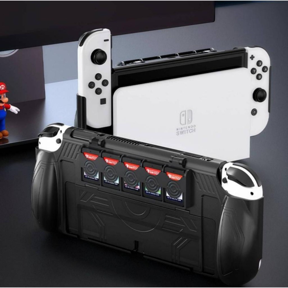 【Switch OLED 保護殼 收納包】贈玻璃貼&搖桿帽 用 可插卡一體式外殼 可插底座磨砂矽膠軟殼 JINGDU-細節圖2