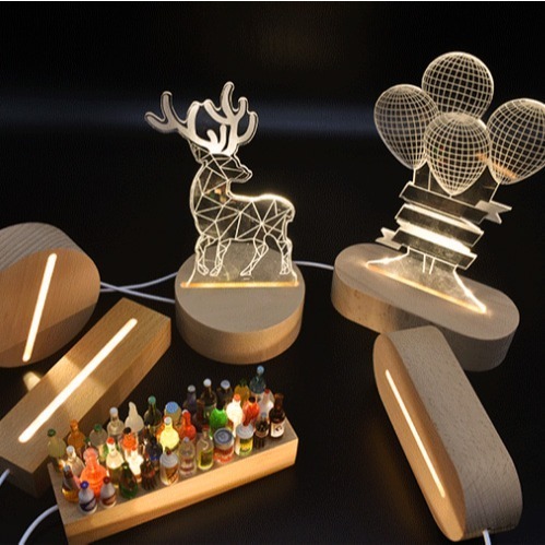 LED發光櫸木底座 USB介面 實木LED小夜燈底座 水晶底座 圓形 長方形 橢圓形 禮品擺件-細節圖2