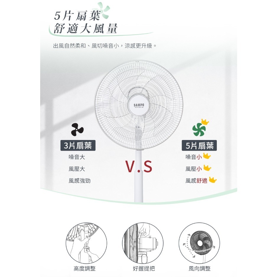 🧚‍♀️SAMPO聲寶 16吋上控式立扇 SK-FC16N (3段風量、5片扇葉、台灣製造)-細節圖4