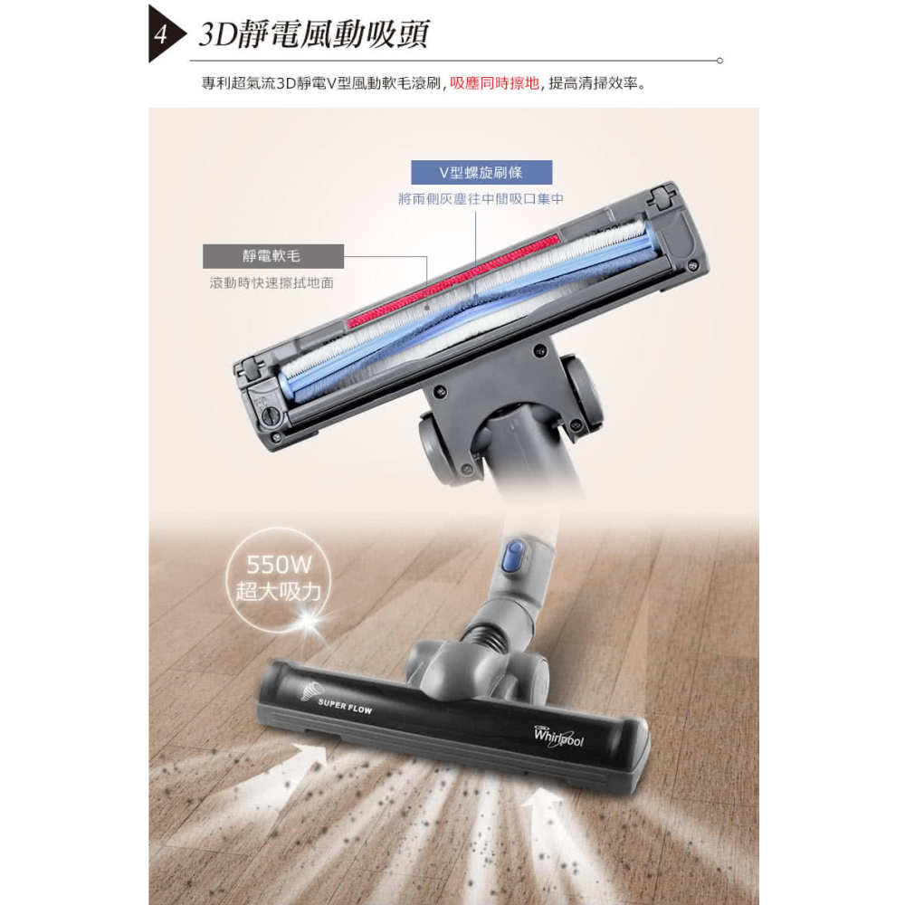 Whirlpool 惠而浦 550W多氣旋無集塵袋臥式吸塵器(VCK4007)-細節圖5