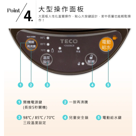 TECO東元 3段溫控 5L雙重給水熱水瓶 YD5006CB 二級能效 節能 省電 安全-細節圖5