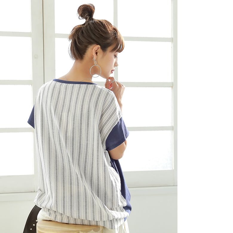 *真妮妮*5色/日本連線/蕾絲印花 x 條紋 T（白色現貨一件）-細節圖4