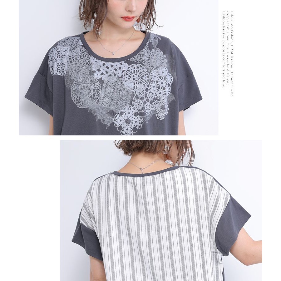 *真妮妮*5色/日本連線/蕾絲印花 x 條紋 T（白色現貨一件）-細節圖5