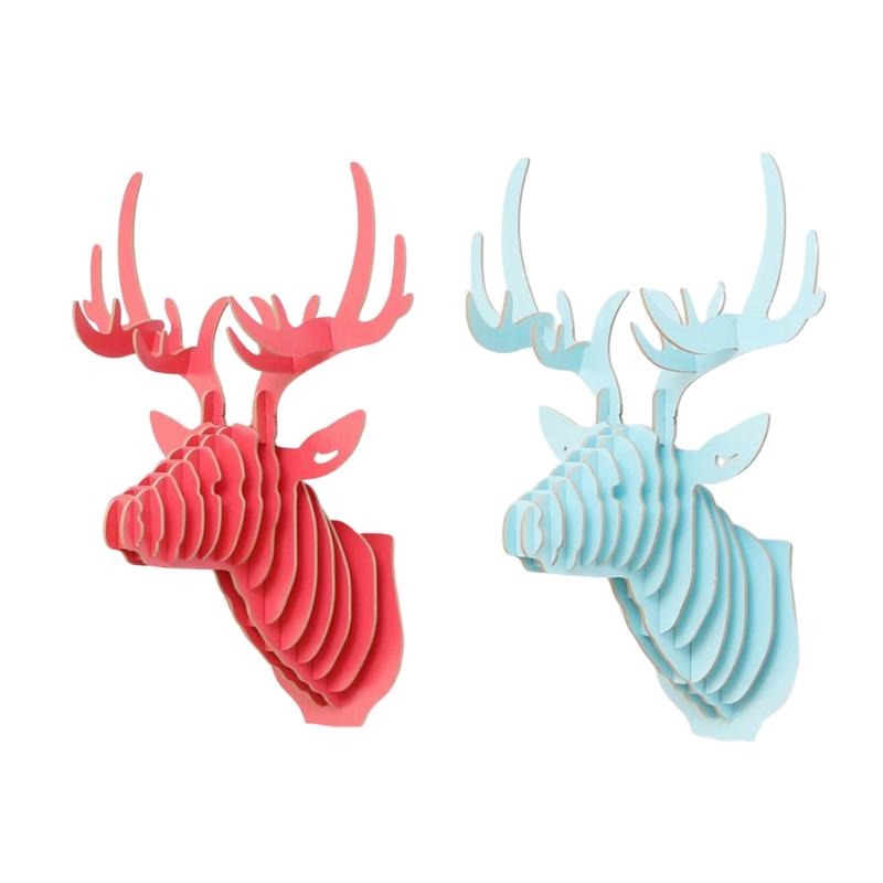 北歐鹿頭璧飾-六色木質拼貼麋鹿動物頭像木頭鹿無印良品風酒吧餐廳歐美可搭相片牆相片網LED燈串海報相框璧貼牆貼-細節圖2