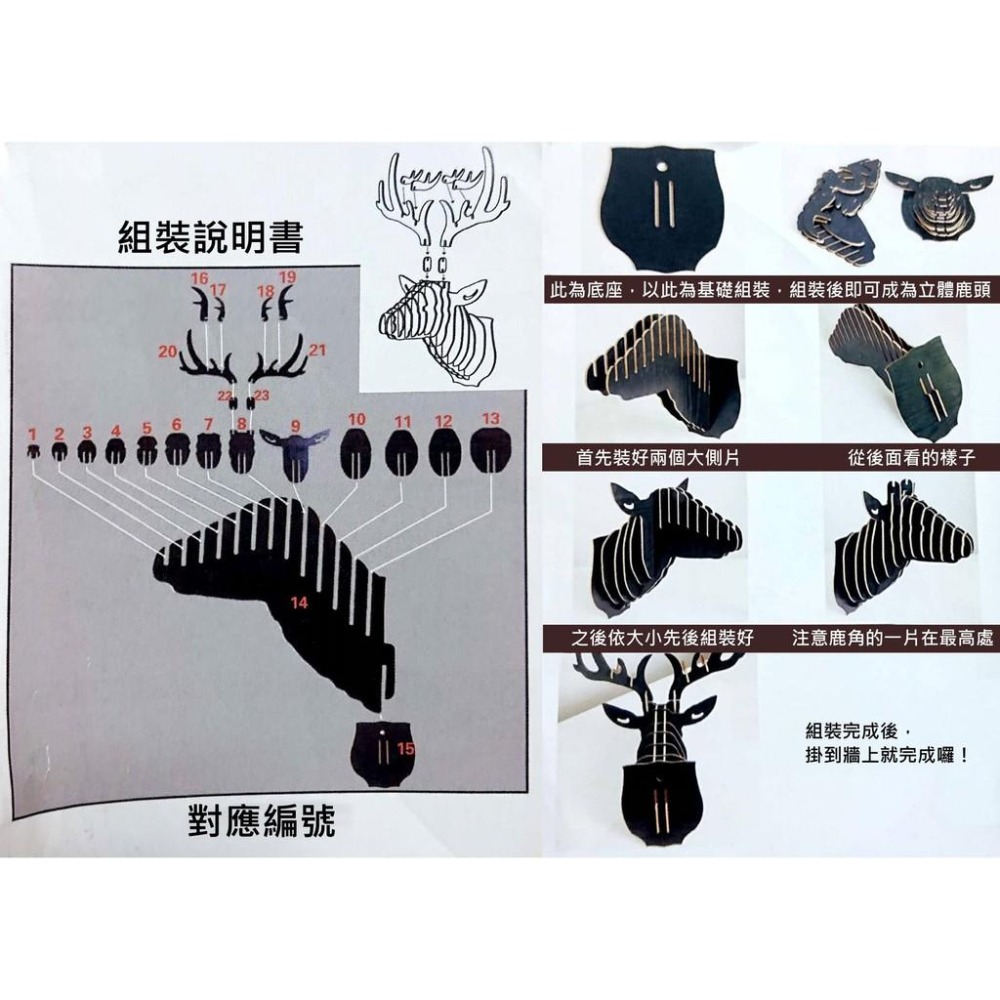 北歐鹿頭璧飾-六色木質拼貼麋鹿動物頭像木頭鹿無印良品風酒吧餐廳歐美可搭相片牆相片網LED燈串海報相框璧貼牆貼-細節圖5