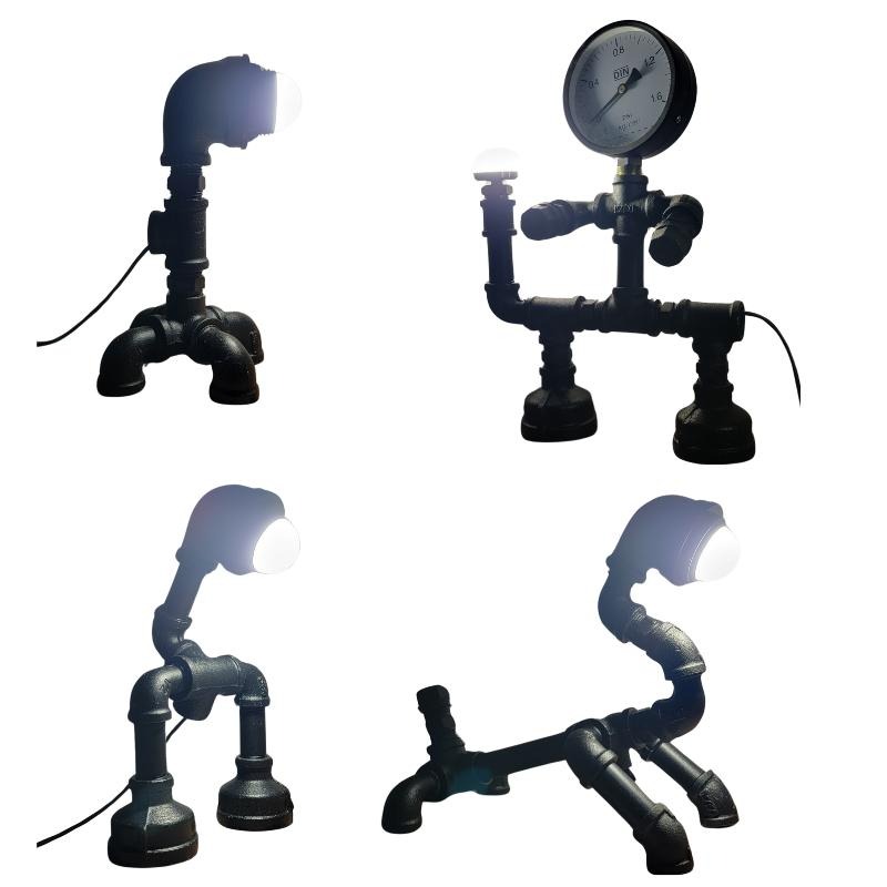 📣台灣現貨24H內出🎊機器人造型燈loft工業鐵管裝飾燈復古藝術燈床頭氛圍燈吧檯酒吧裝潢裝飾美式藝術燈水管擺飾燈生日禮物-細節圖2