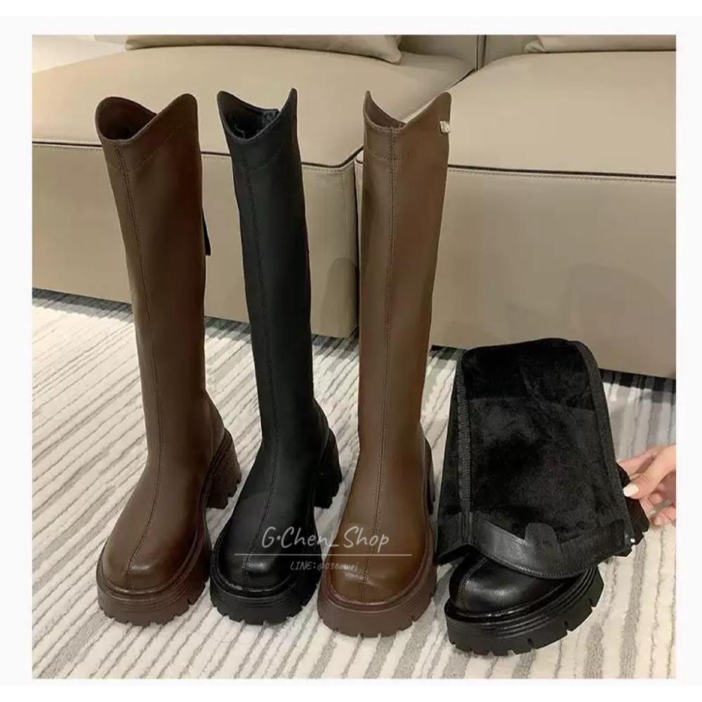 【預購 】秋冬新款V口厚底粗跟騎士顯瘦高筒長靴-細節圖5
