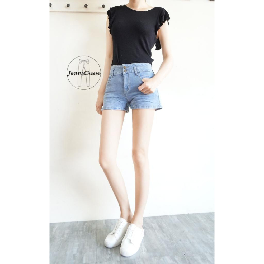 顯瘦復古挺版抓皺.中低腰雙釦收腹.超彈牛仔短褲.熱褲.收腹褲.女生短褲.辣妹必備.性感提臀.休閒短褲.#S5.0651-細節圖2