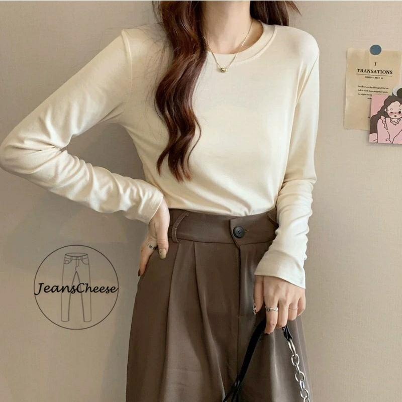 日系無印風 大地色系 彈性 純色 長袖t恤 女 長袖上衣 顯瘦素t 圓領上衣 大學t 冬天上衣 棉質t恤-細節圖2