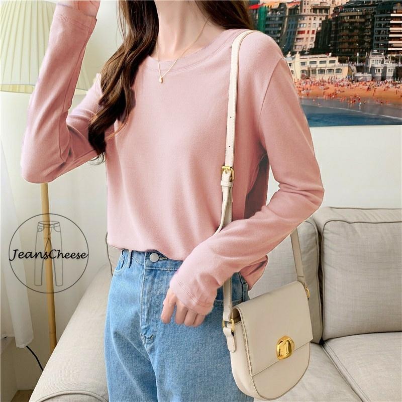 日系無印風 大地色系 彈性 純色 長袖t恤 女 長袖上衣 顯瘦素t 圓領上衣 大學t 冬天上衣 棉質t恤-細節圖3