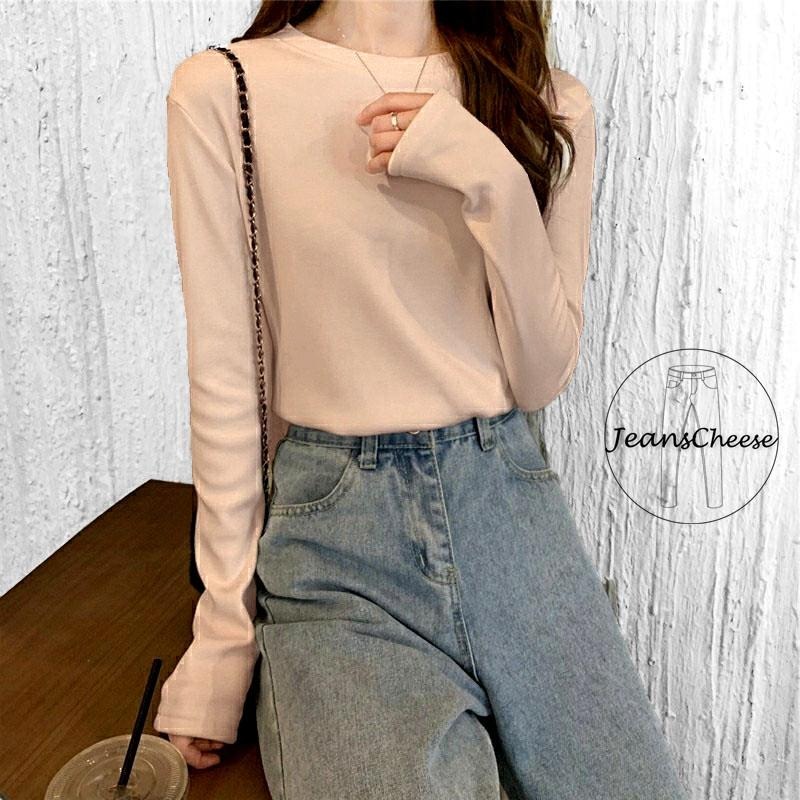 日系無印風 大地色系 彈性 純色 長袖t恤 女 長袖上衣 顯瘦素t 圓領上衣 大學t 冬天上衣 棉質t恤-細節圖5