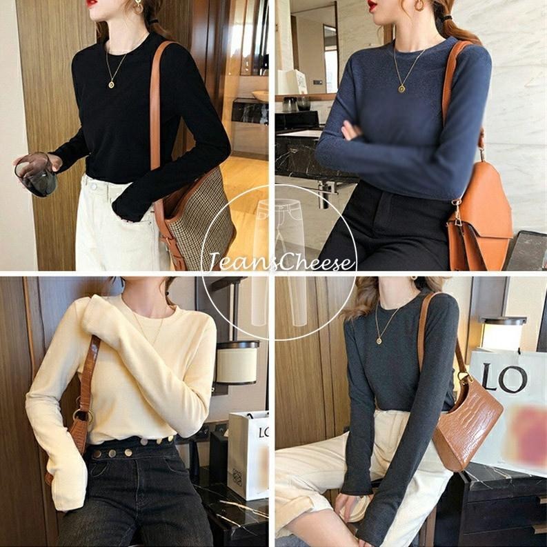 日系無印風 大地色系 彈性 純色 長袖t恤 女 長袖上衣 顯瘦素t 圓領上衣 大學t 冬天上衣 棉質t恤-細節圖8