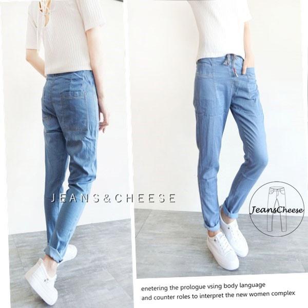 無印風🌠薄丹寧.高腰.鬆緊帶+抽繩.造型口袋.哈倫褲.寬鬆長褲.休閒長褲.提臀.女生.長褲.高腰褲.#.W5.7855-細節圖7