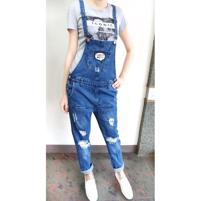 S~XL👏👏👏韓版大口袋美背膝破洞挺版吊帶長褲 .N9.301-細節圖5