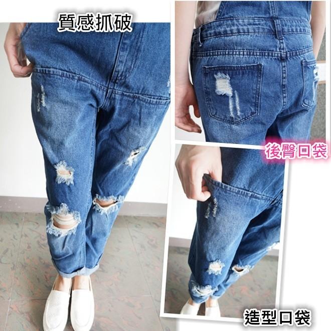 S~XL👏👏👏韓版大口袋美背膝破洞挺版吊帶長褲 .N9.301-細節圖7