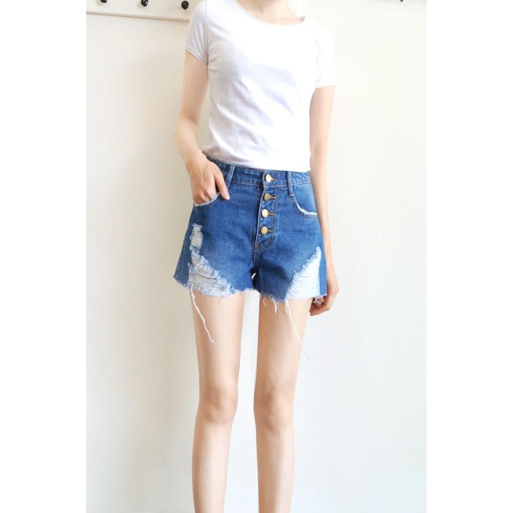 S~XL排釦高腰刷破A字牛仔短褲 女裝#.Z3.619-細節圖2
