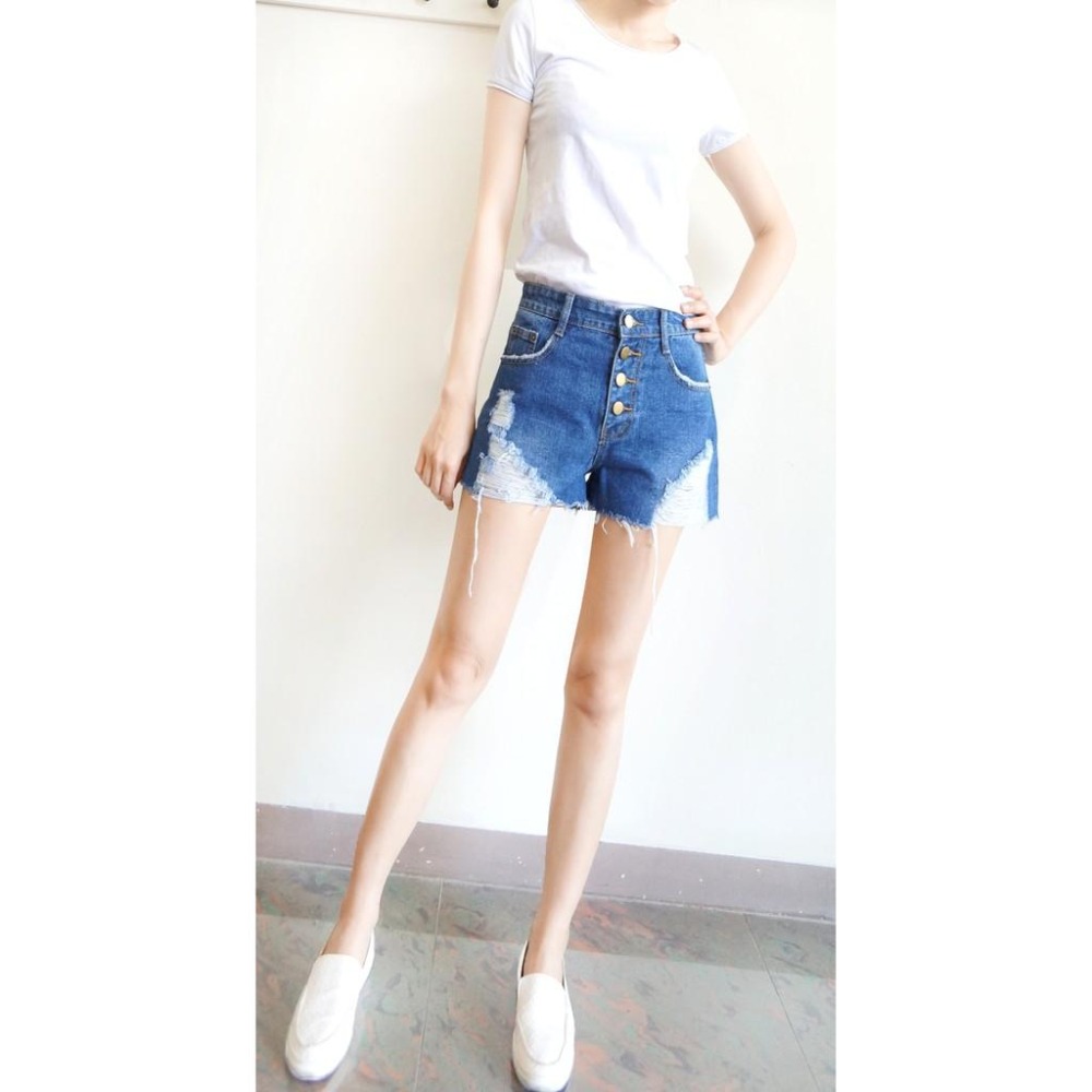 S~XL排釦高腰刷破A字牛仔短褲 女裝#.Z3.619-細節圖3