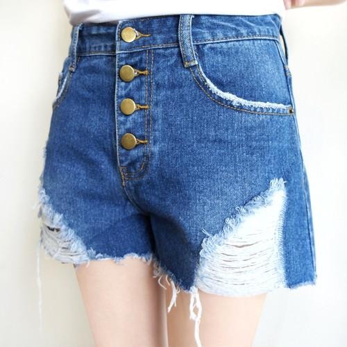 S~XL排釦高腰刷破A字牛仔短褲 女裝#.Z3.619-細節圖5