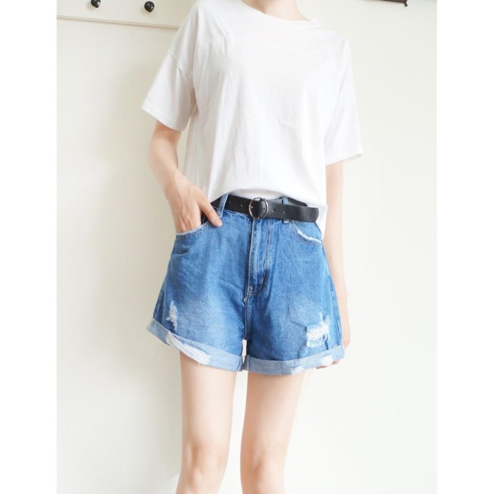 S~XL前鈕扣後鬆緊 復古皮帶刷破短褲 女裝#.Z9.602-細節圖3