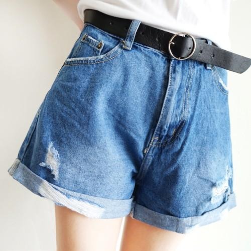 S~XL前鈕扣後鬆緊 復古皮帶刷破短褲 女裝#.Z9.602-細節圖4