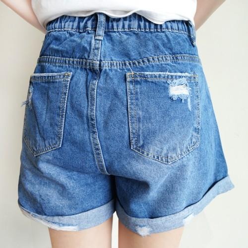 S~XL前鈕扣後鬆緊 復古皮帶刷破短褲 女裝#.Z9.602-細節圖6