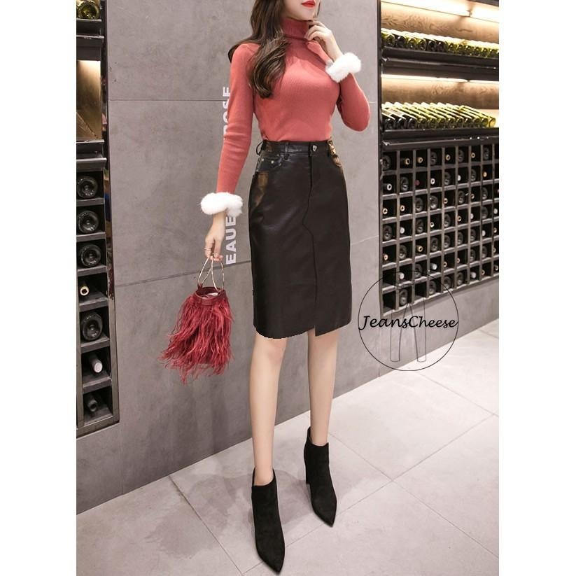 皮裙 氣質小香風 刷毛皮裙  A字裙 不規則剪裁  超拉彈 鬆緊帶拉鍊褲頭 前後口袋 女裝#.Z7.320-細節圖7