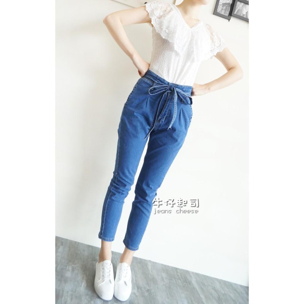 高腰氣質綁帶🎀 超彈.顯瘦抓摺.韓妞必備.AB褲.老爺褲.牛仔長褲女裝#.O3.8930-細節圖2