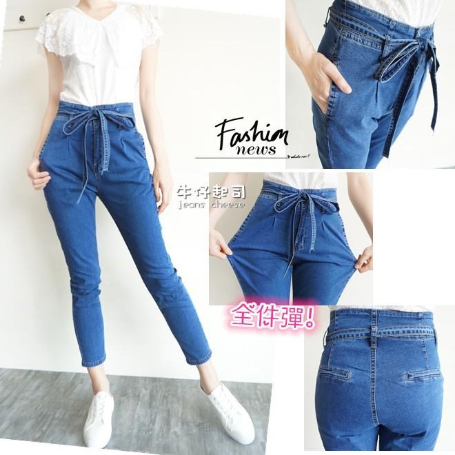 高腰氣質綁帶🎀 超彈.顯瘦抓摺.韓妞必備.AB褲.老爺褲.牛仔長褲女裝#.O3.8930-細節圖6