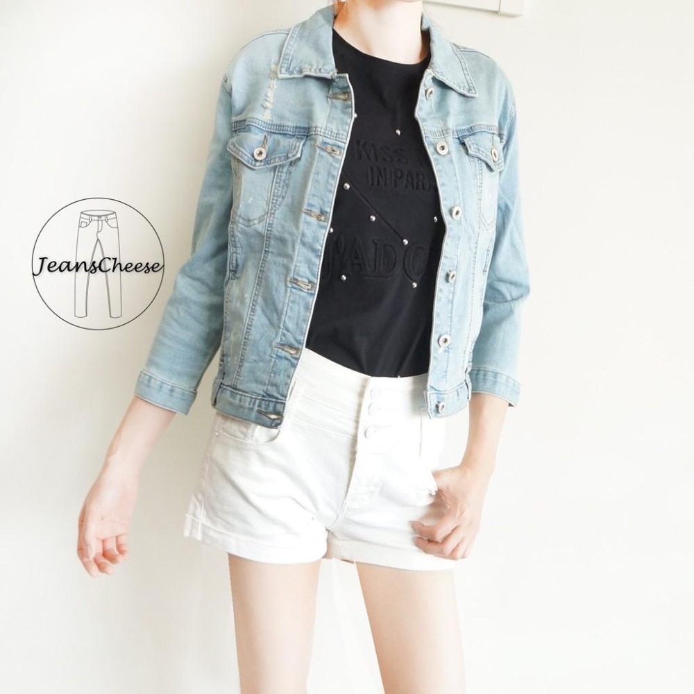 M~XL復古刷色丹寧 小噴漆 七分袖 牛仔外套 修身顯瘦 丹寧牛仔外套女裝#O9.1691-細節圖6