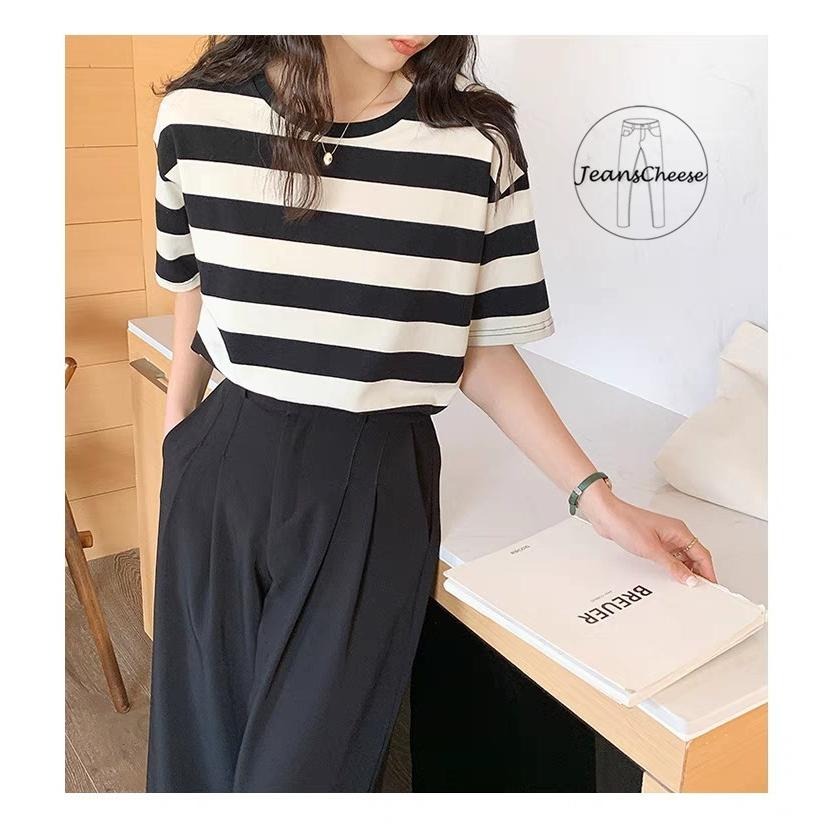 日系文青逆齡💕顯瘦 條紋T恤 落肩上衣 短袖T恤 大學T 棉T 短T 短袖棉T 橫紋T恤 休閒上衣 圓領T恤 女裝-細節圖2