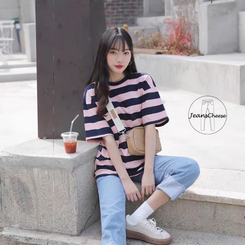 日系文青逆齡💕顯瘦 條紋T恤 落肩上衣 短袖T恤 大學T 棉T 短T 短袖棉T 橫紋T恤 休閒上衣 圓領T恤 女裝-細節圖3