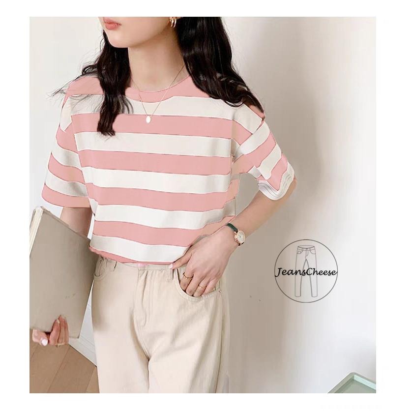 日系文青逆齡💕顯瘦 條紋T恤 落肩上衣 短袖T恤 大學T 棉T 短T 短袖棉T 橫紋T恤 休閒上衣 圓領T恤 女裝-細節圖4