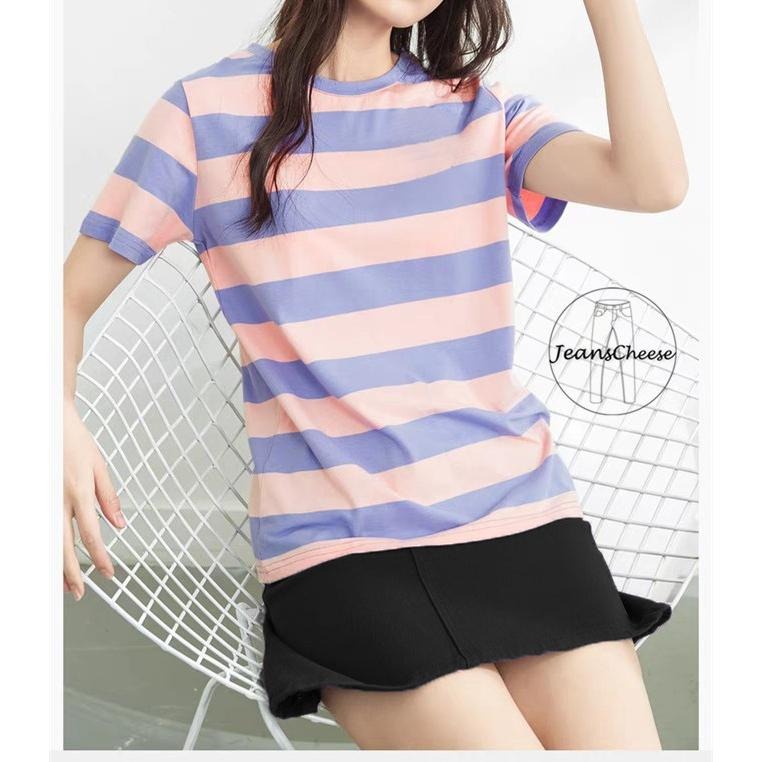 日系文青逆齡💕顯瘦 條紋T恤 落肩上衣 短袖T恤 大學T 棉T 短T 短袖棉T 橫紋T恤 休閒上衣 圓領T恤 女裝-細節圖7