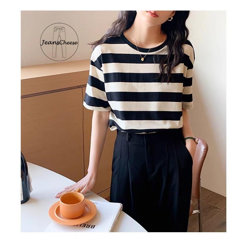 日系文青逆齡💕顯瘦 條紋T恤 落肩上衣 短袖T恤 大學T 棉T 短T 短袖棉T 橫紋T恤 休閒上衣 圓領T恤 女裝-細節圖8