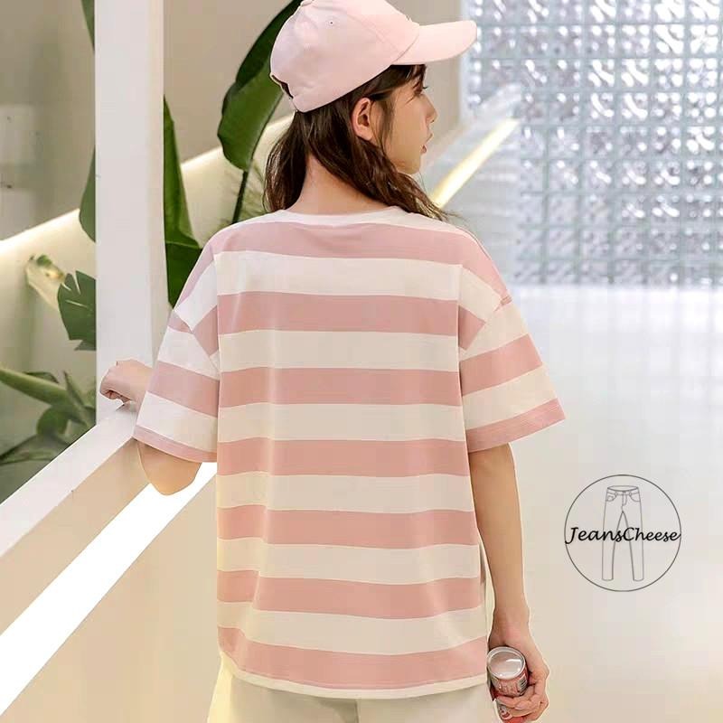 日系文青逆齡💕顯瘦 條紋T恤 落肩上衣 短袖T恤 大學T 棉T 短T 短袖棉T 橫紋T恤 休閒上衣 圓領T恤 女裝-細節圖9