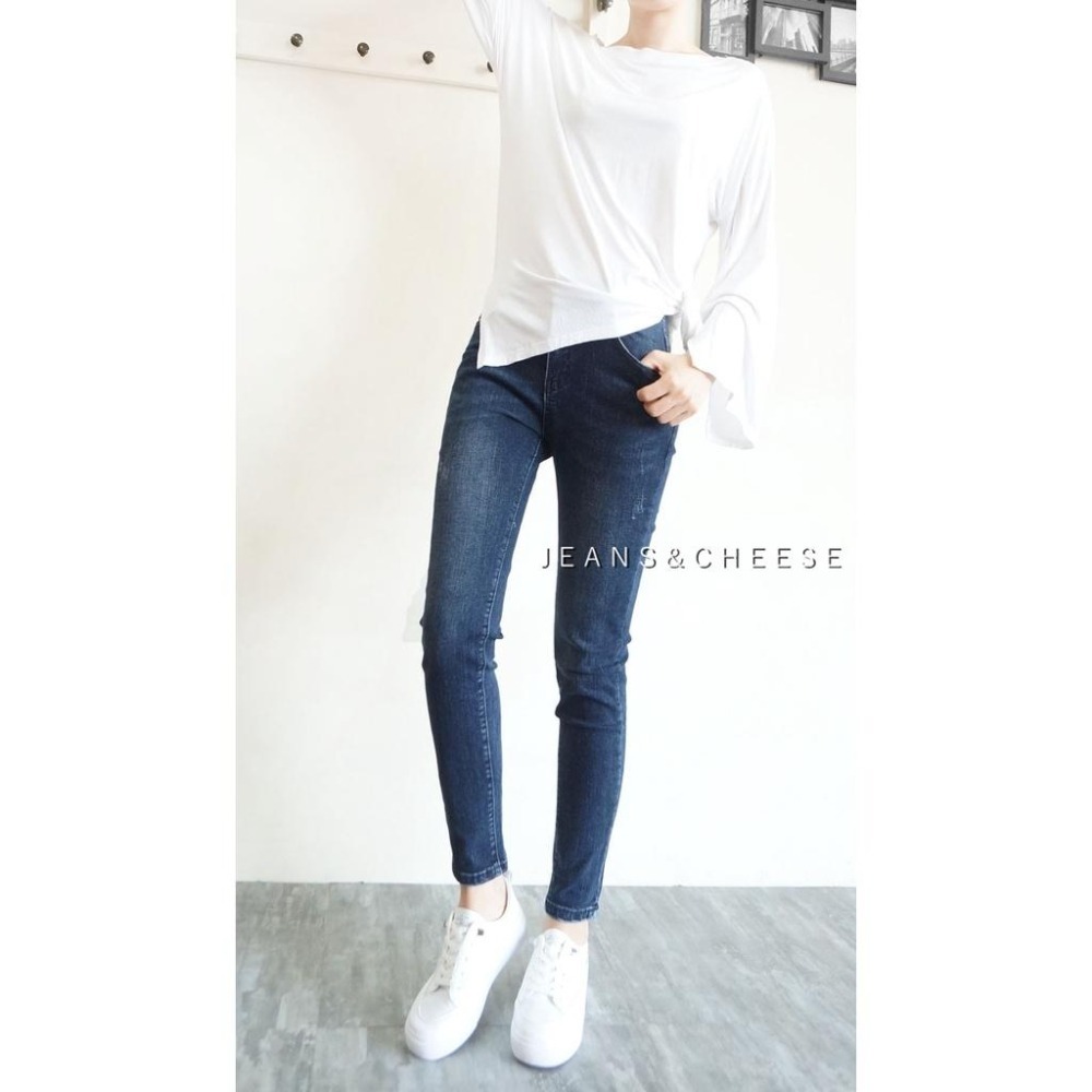 S~2L歐美風.顯瘦修身彈力石磨感.復古低調深藍水洗丹寧九分.女 牛仔褲.牛仔長褲. 長褲.九分褲.褲子W4.7743-細節圖3