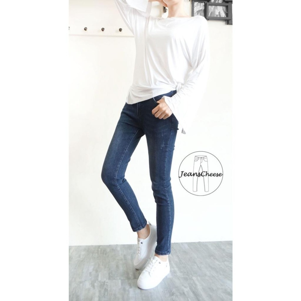 S~2L歐美風.顯瘦修身彈力石磨感.復古低調深藍水洗丹寧九分.女 牛仔褲.牛仔長褲. 長褲.九分褲.褲子W4.7743-細節圖4
