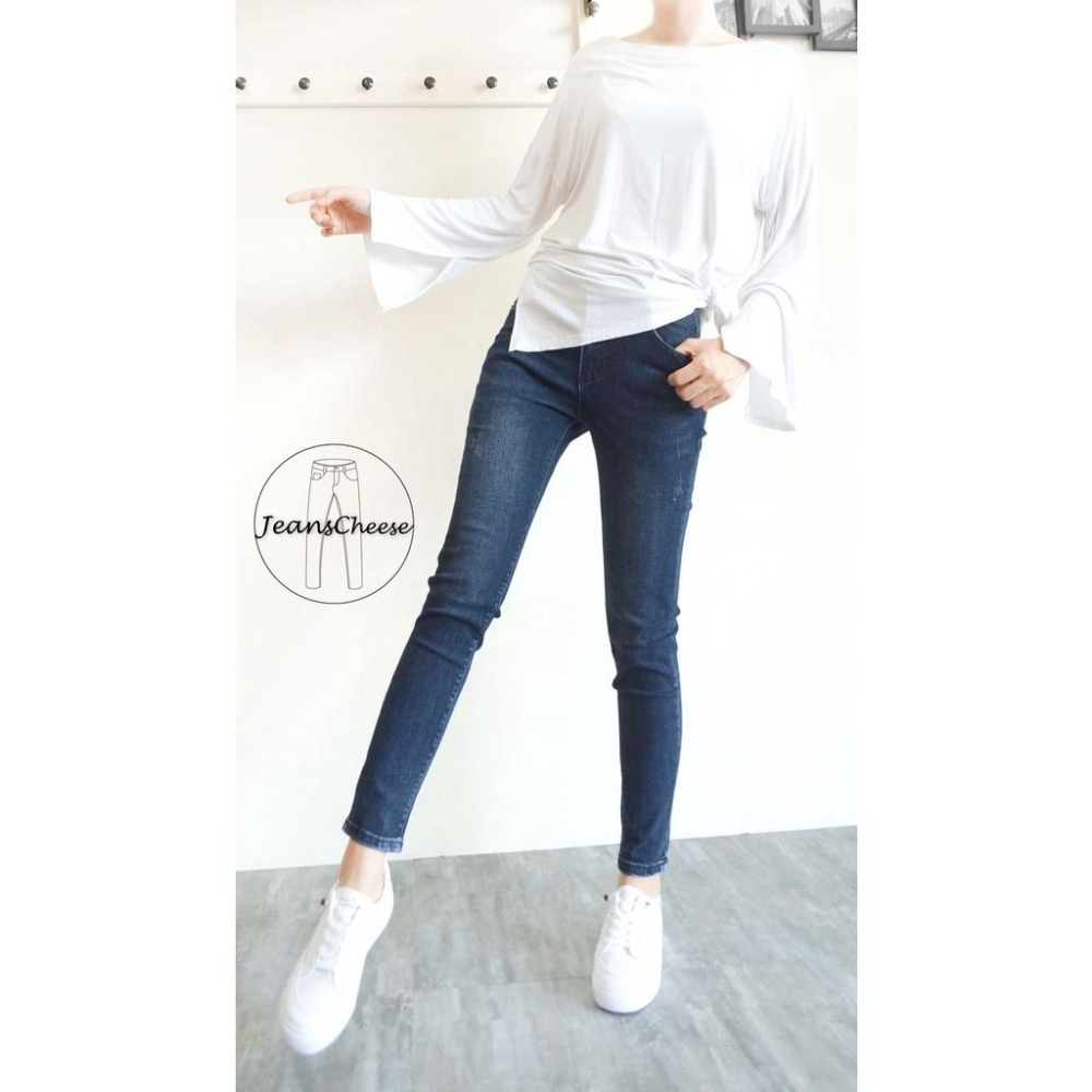 S~2L歐美風.顯瘦修身彈力石磨感.復古低調深藍水洗丹寧九分.女 牛仔褲.牛仔長褲. 長褲.九分褲.褲子W4.7743-細節圖5