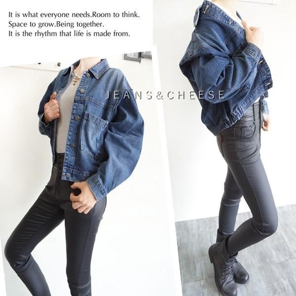 歐美風✨前後排釦.落肩.蝙蝠袖.前後排釦.牛仔外套.顯瘦刷白.寬鬆.短版外套.泡泡袖.寬袖上衣.夾克#.T9.0098-細節圖3