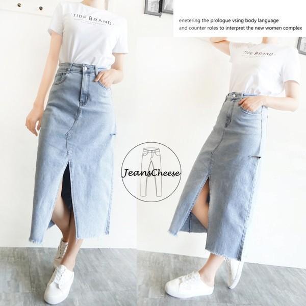 高腰.顯瘦.前開衩.牛仔裙.A字長裙.水洗.牛仔長裙.超彈力割破 長裙過膝裙 .韓系 A字裙.下擺抓鬚#.T7.347-細節圖2