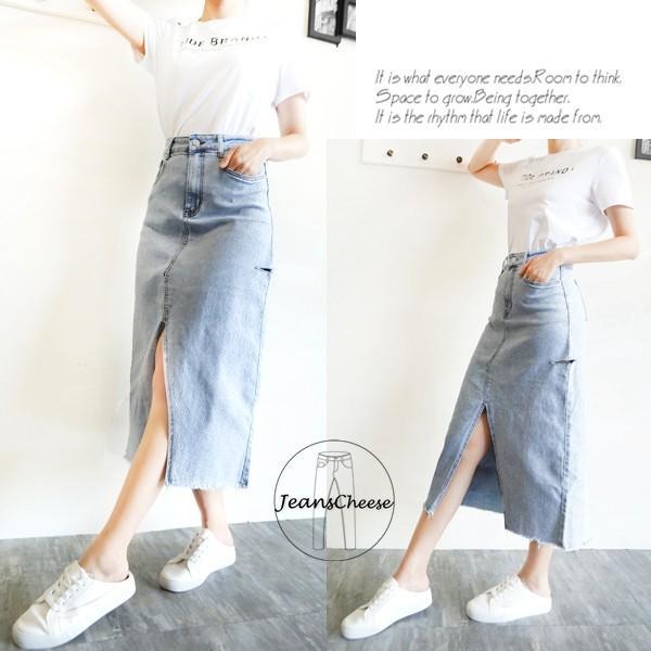 高腰.顯瘦.前開衩.牛仔裙.A字長裙.水洗.牛仔長裙.超彈力割破 長裙過膝裙 .韓系 A字裙.下擺抓鬚#.T7.347-細節圖3
